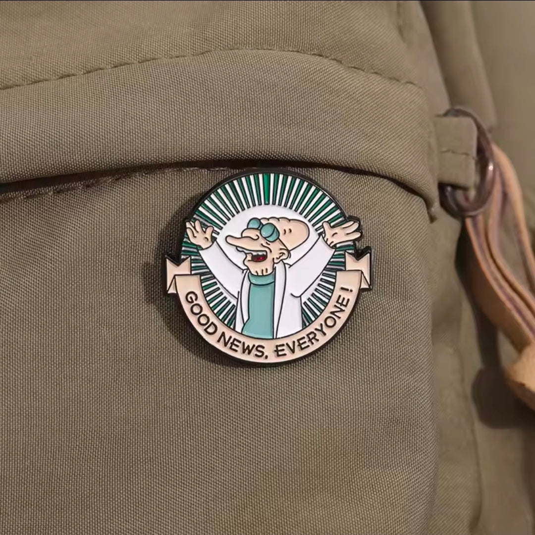 Futurama Farnsworth enamel pin on beige bag fabric