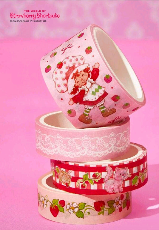 Washi tape rolls with Strawberry Shortcake-style characters, berries, and lace edging