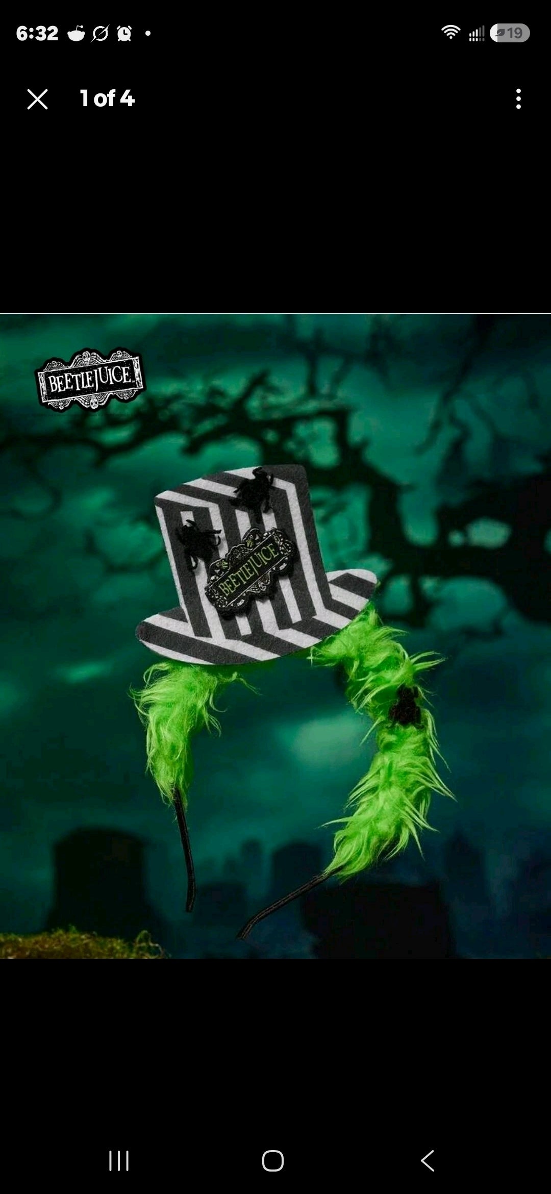 Green fur Halloween headband with striped mini top hat and Beetlejuice patch on headband