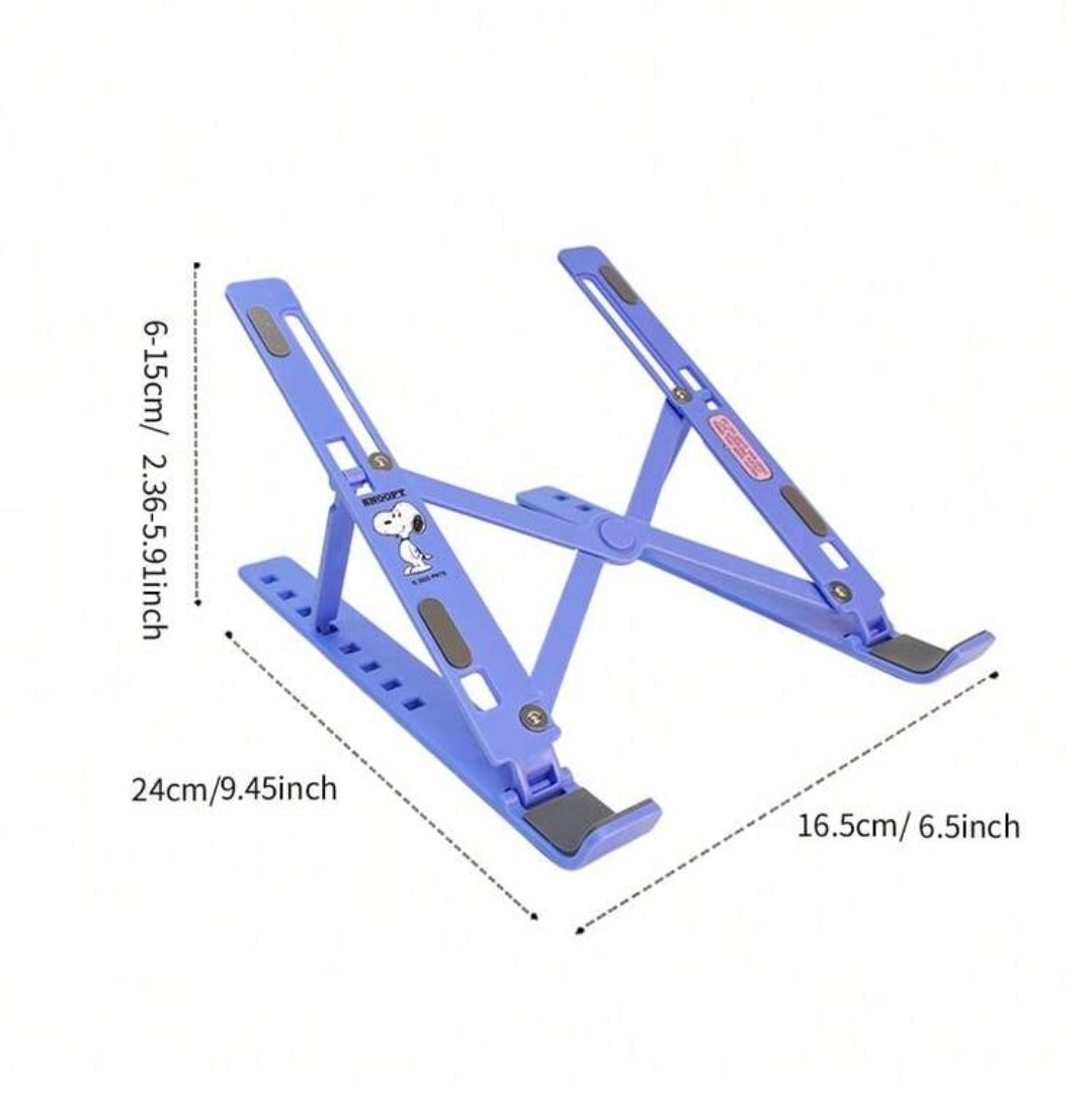 Purple foldable laptop stand diagram showing adjusted height dimensions