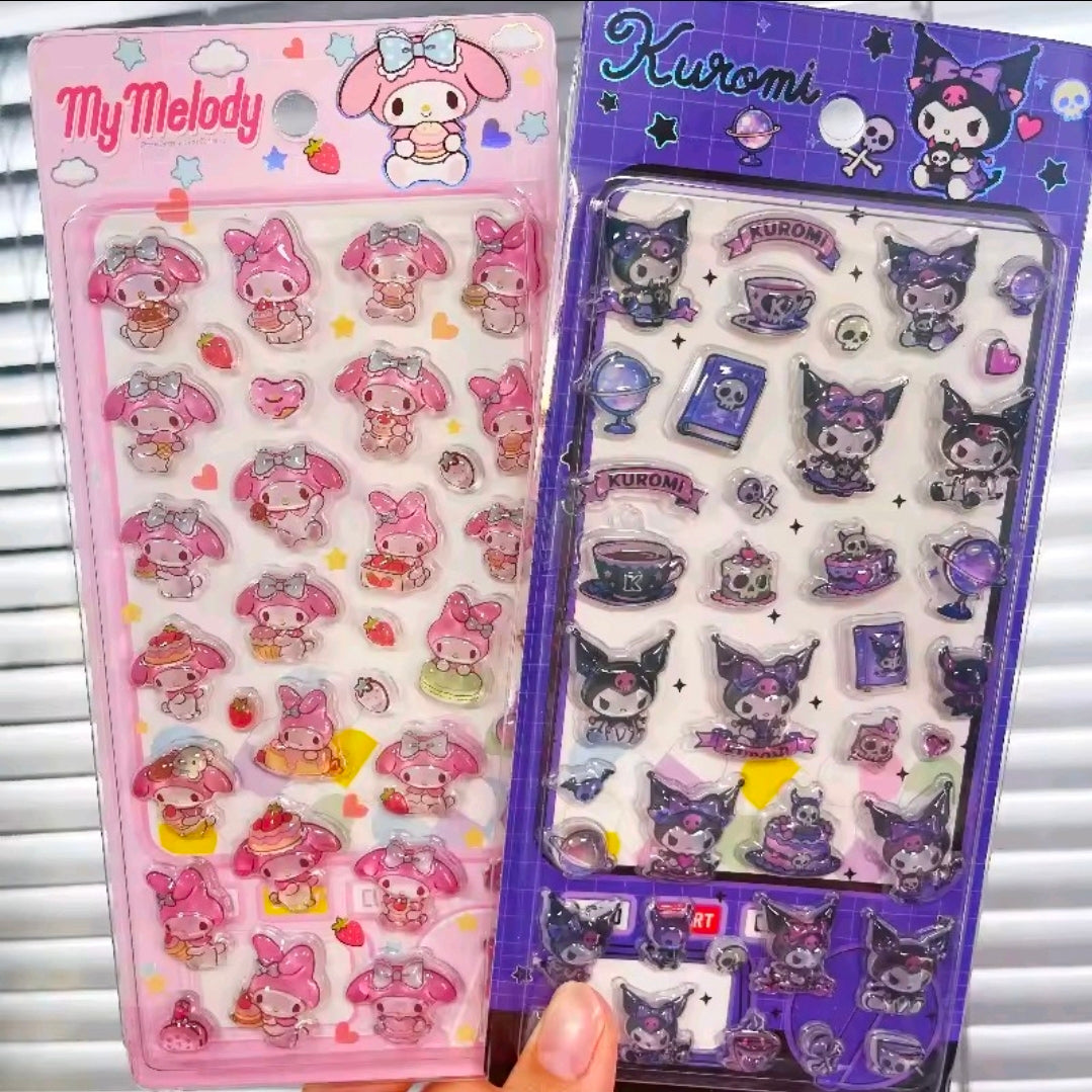 Two puffy sticker sheets: My Melody (pink) and Kuromi (purple) with character figures