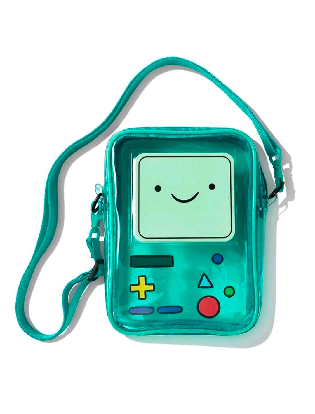 Transparent teal crossbody bag with BMO-style face print and zipped front pocket.