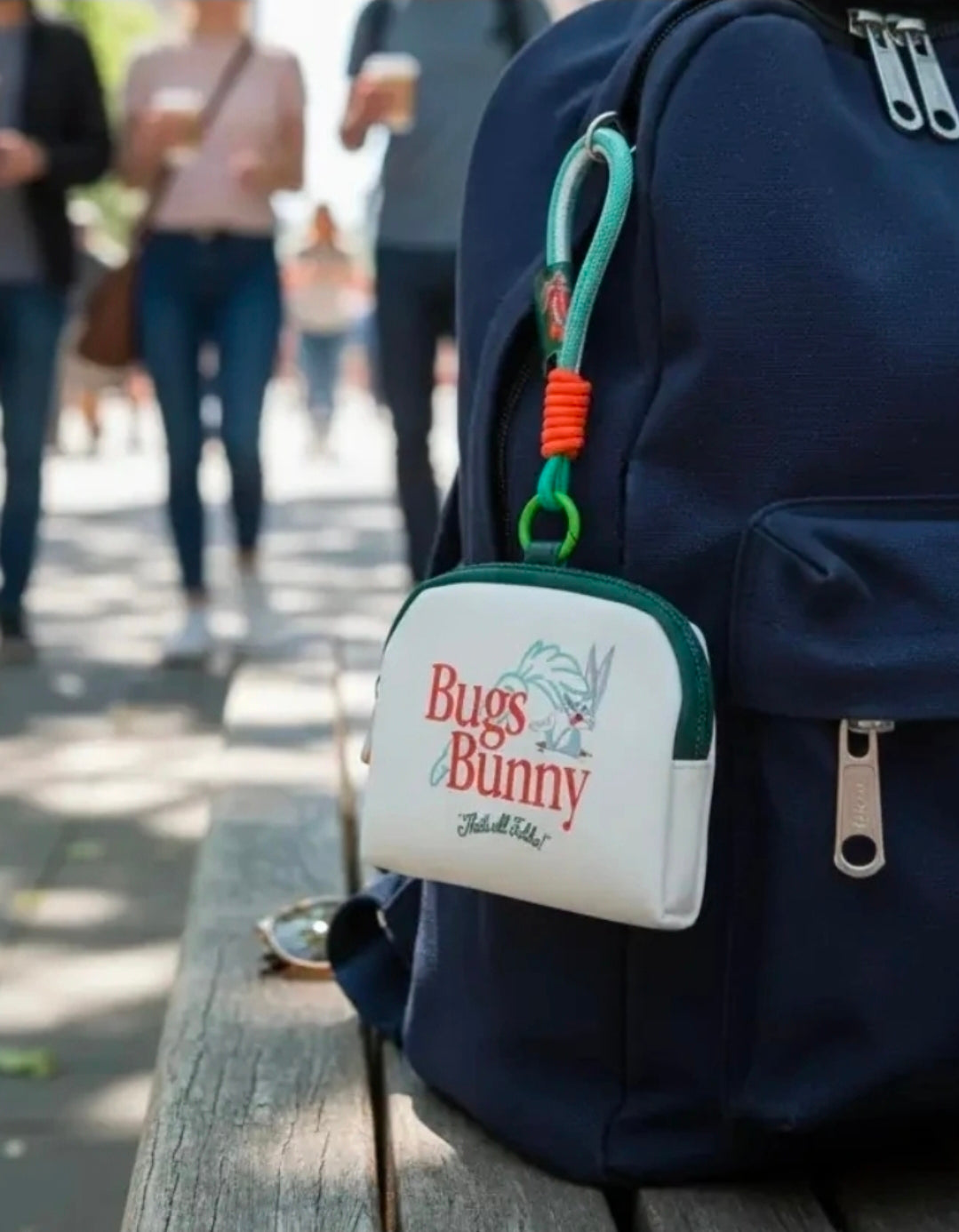 White Bugs Bunny coin purse keychain pouch with green trim and orange cord, key ring