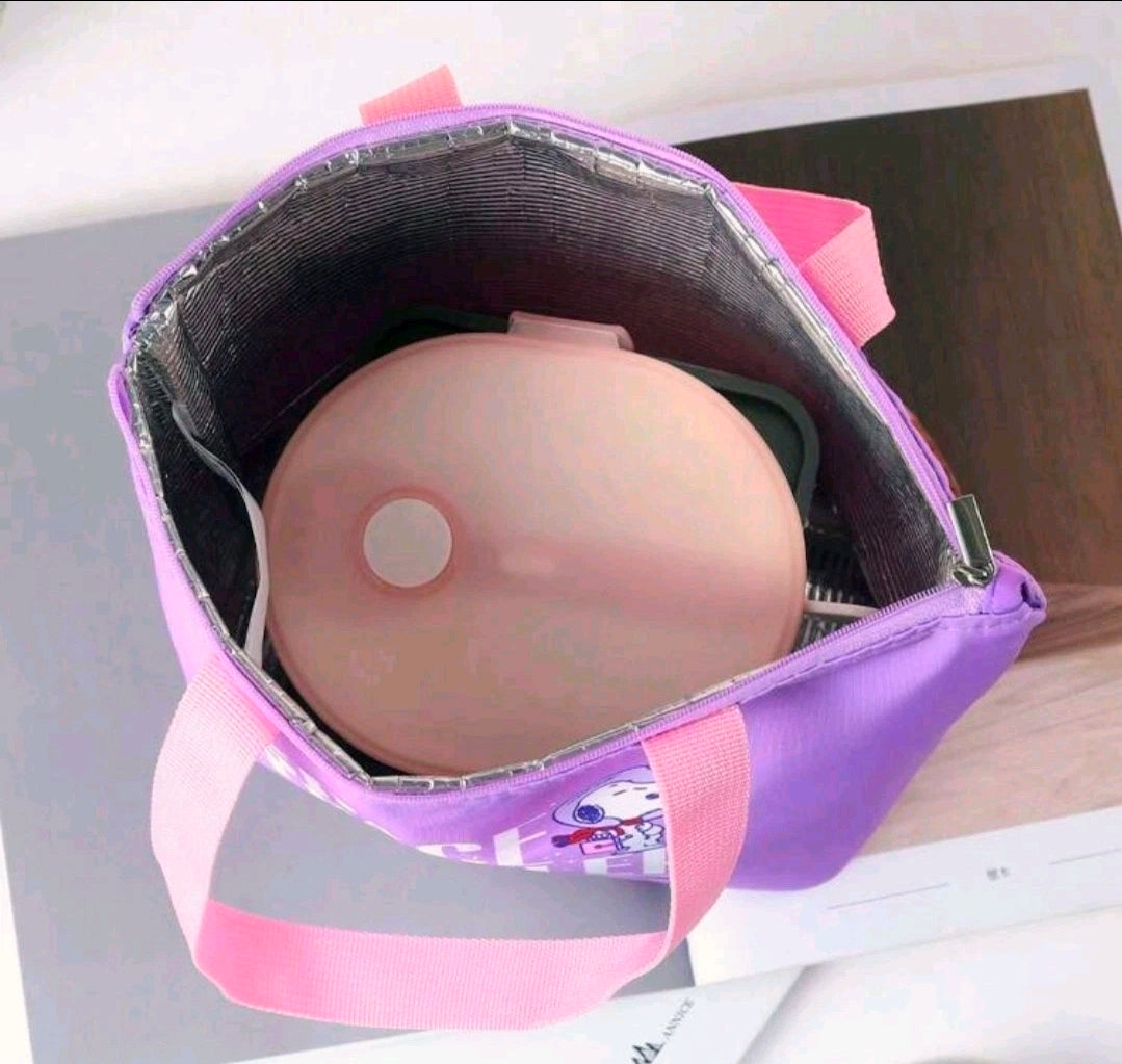 Insulated lunch bag tote interior with gray lining holding a round food container
