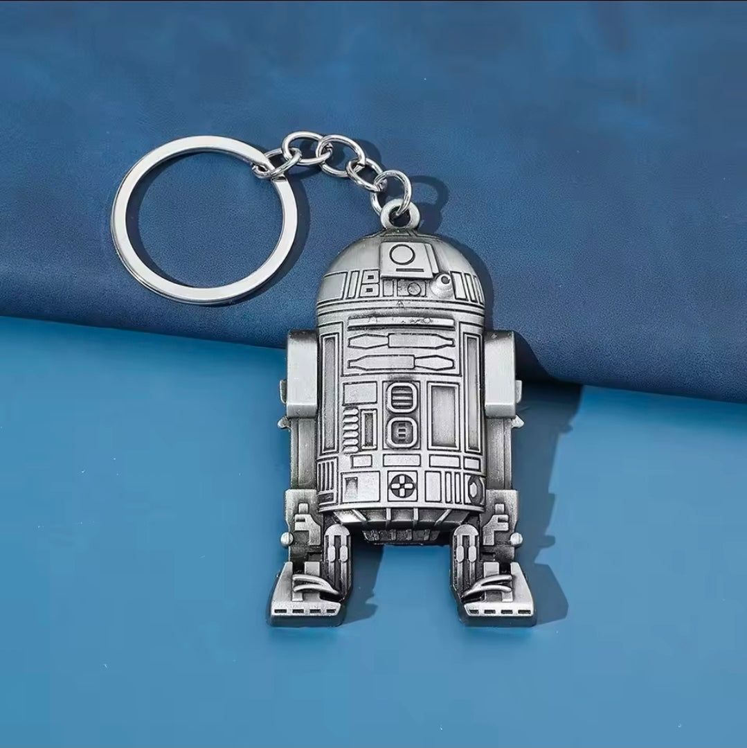 R2-D2 antique silver 3D metal keychain droid figure, full-body front with keyring
