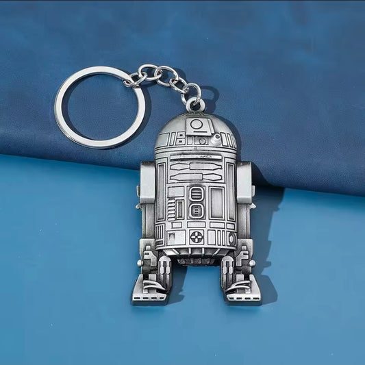 R2-D2 antique silver 3D metal keychain droid figure, full-body front with keyring