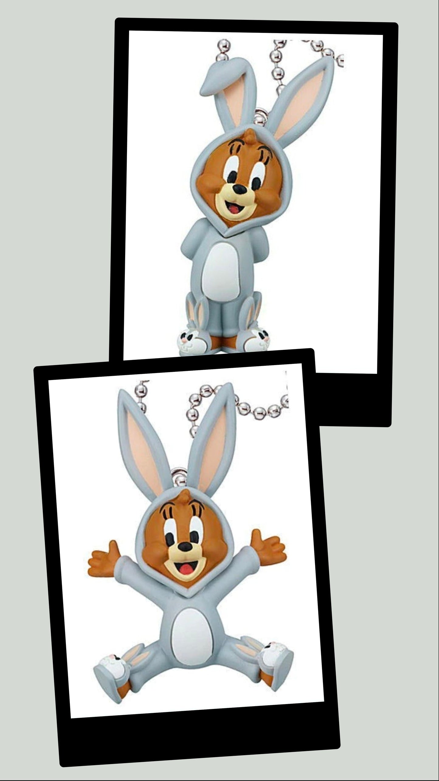 Two rabbit keychain figure poses with pearl bead necklaces and character faces