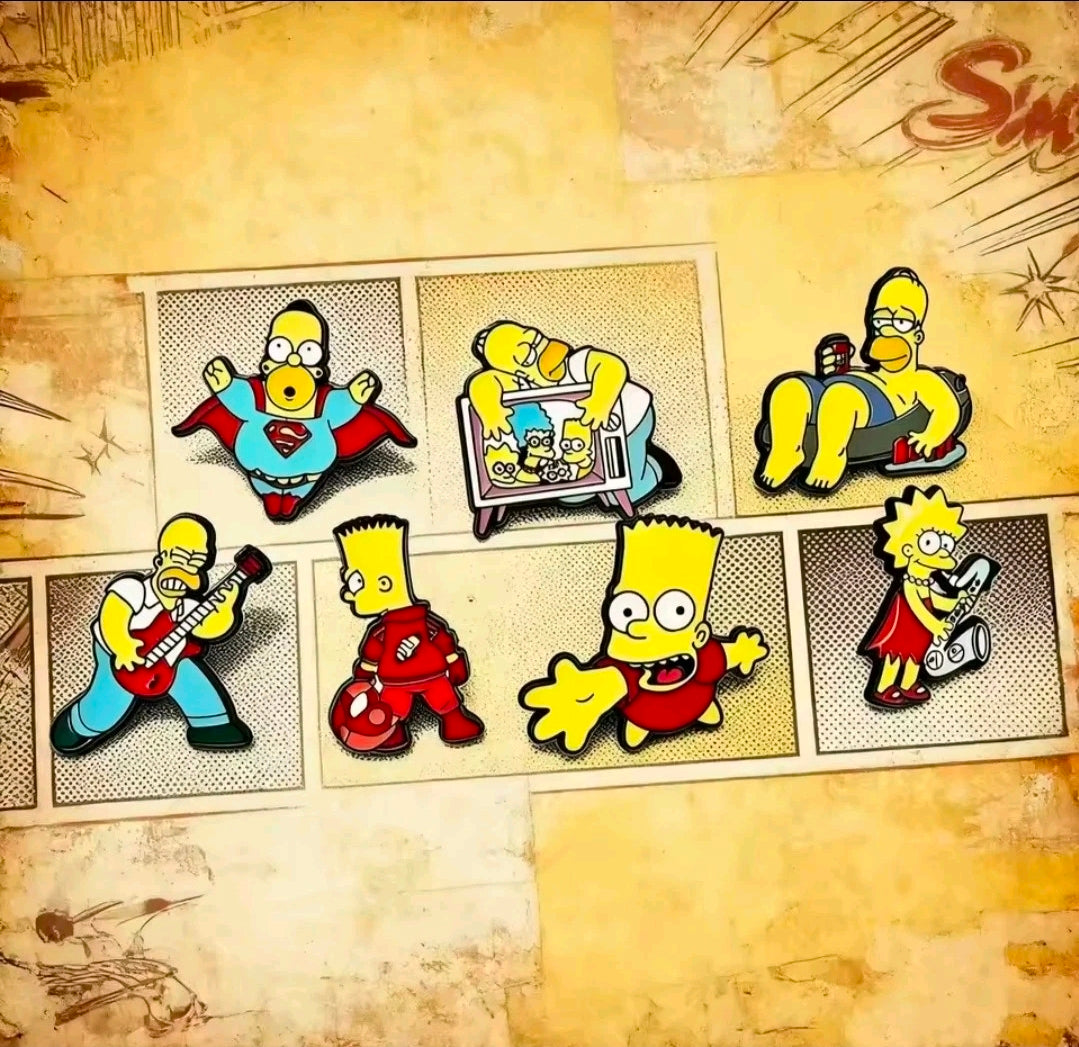 Simpsons enamel pin set: seven character pins arranged in a grid