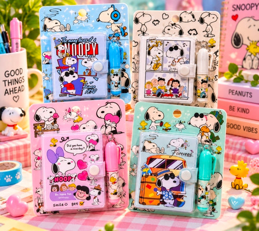 Pair of Snoopy mini puffy jacket notebook sets with matching pens and keychains