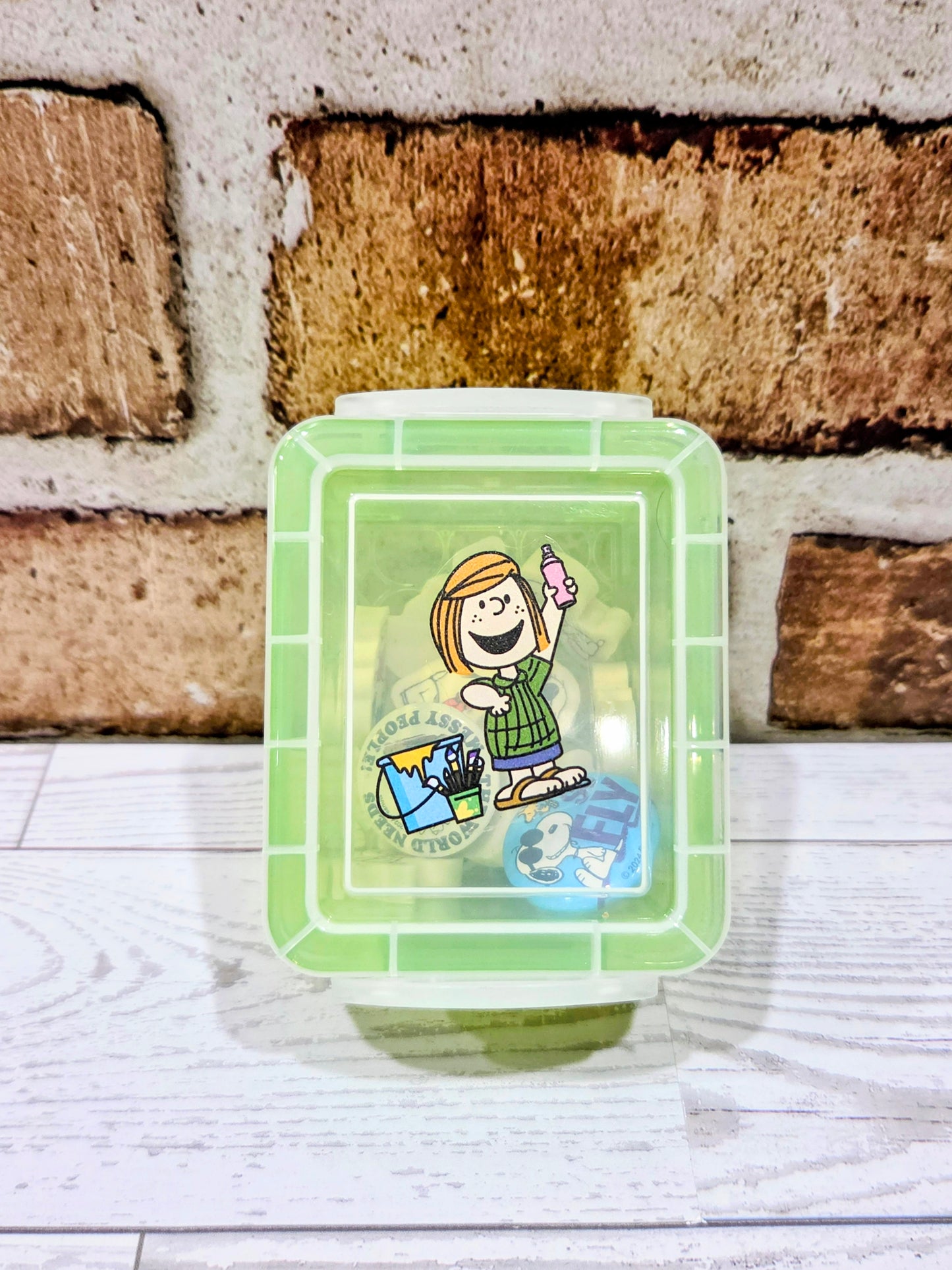 Mini Snoopy Green Desktop Organizer Box w/ 12 Erasers & 2 Pins Peppermint Patty Peanuts NEW 🐾