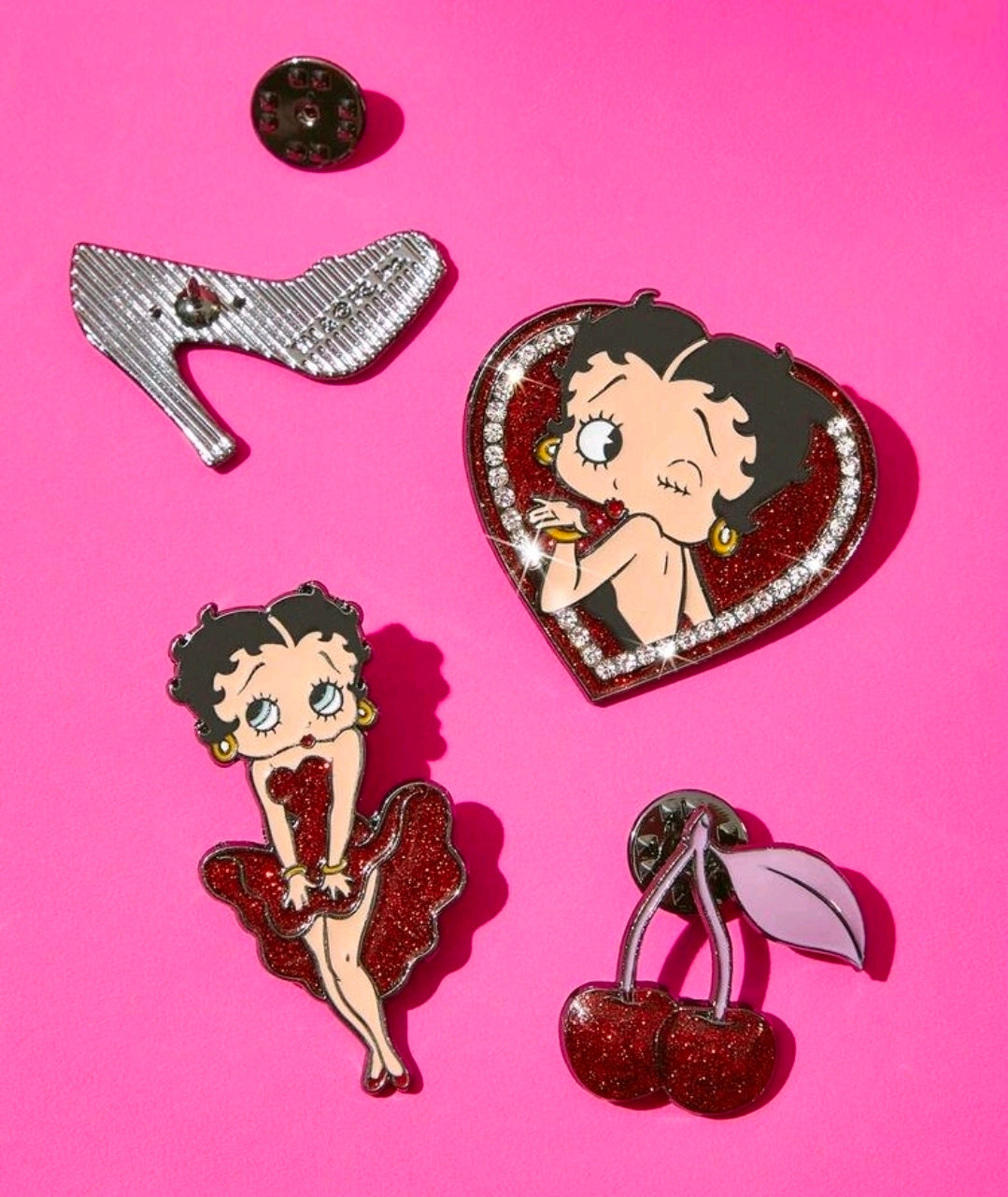 Glitter rhinestone enamel pin set with Betty Boop heart portrait, high heel, cherries, and bow
