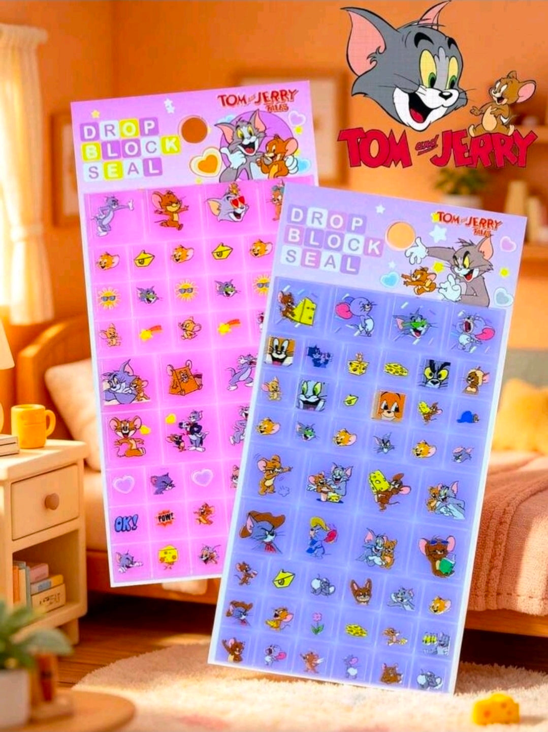 Tom & Jerry Drop Block Seal Puffy Stickers Pink or Purple Cartoon NEW