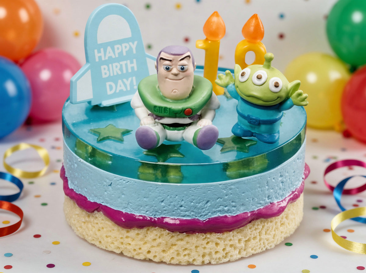 Mini cake figure with Buzz and green alien, two orange candles, birthday sign