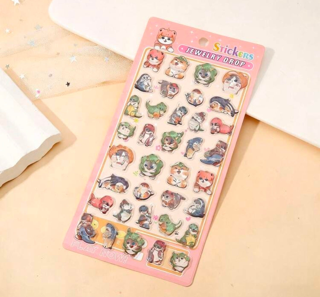 Cat jewelry drop puffy sticker sheet, peach-orange pack with domed cat charms and heart stickers