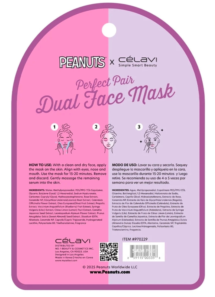 Peanuts x Celavi dual face mask package card with pink and purple color blocks