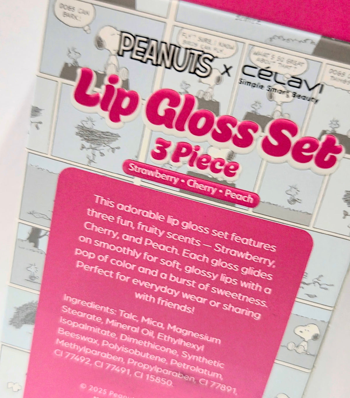 3-piece lip gloss set box with Snoopy print, strawberry, cherry, and peach flavors