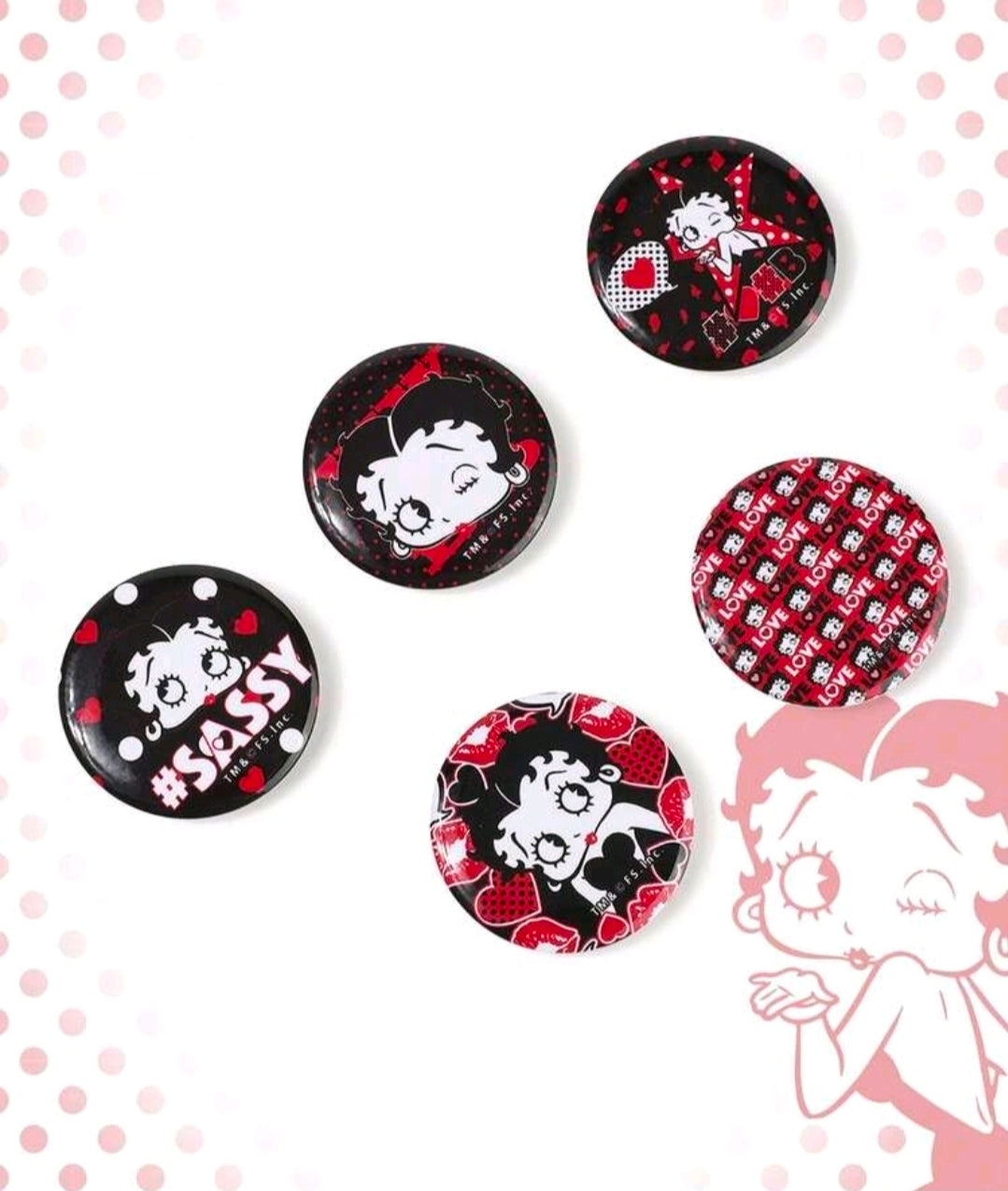 5pc Betty Boop Button Pins Set #Sassy Love Kiss Hearts Licensed Retro