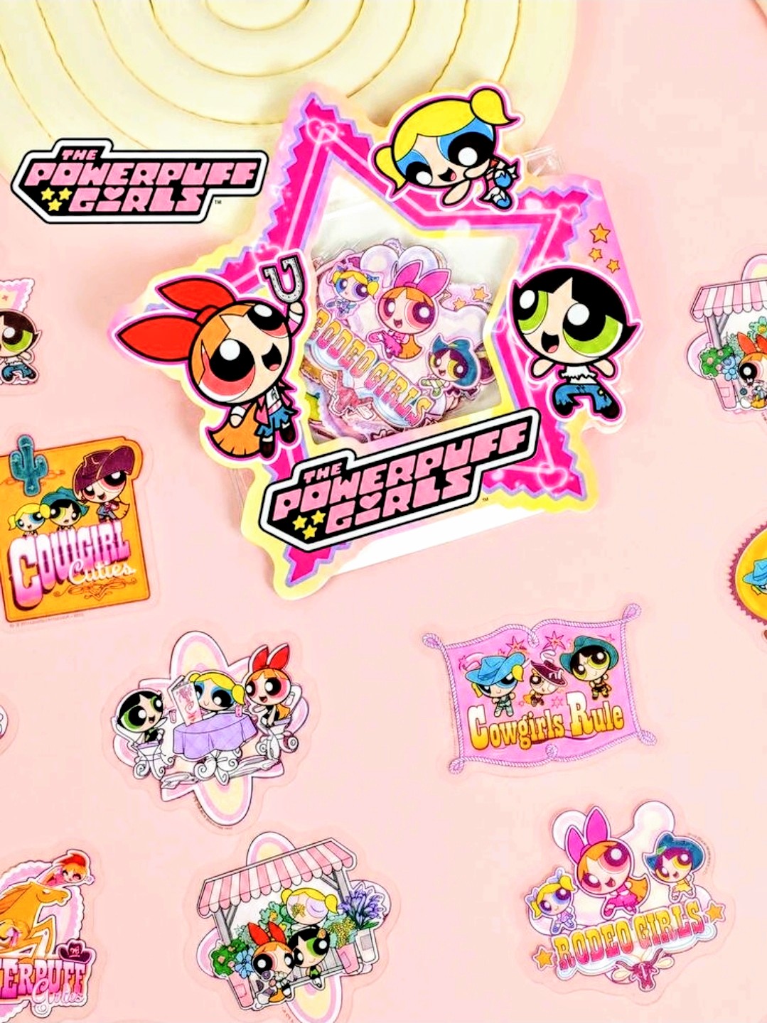 Powerpuff Girls cowgirl rodeo metallic foil stickers with multiple character designs