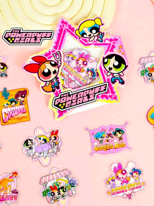 Powerpuff Girls cowgirl rodeo metallic foil stickers with multiple character designs