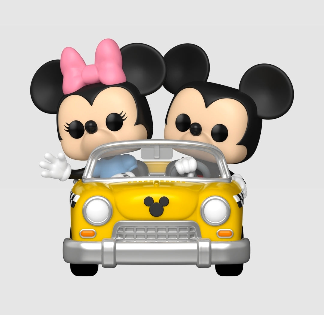Mickey and Minnie in yellow taxi front view, Funko Pop Rides vehicle figurine