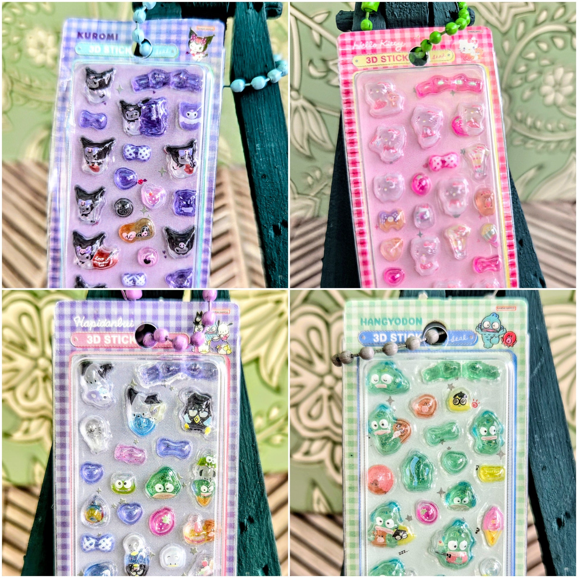 Purple and pink blister-pack 3D sticker keychains with hanging beaded loops