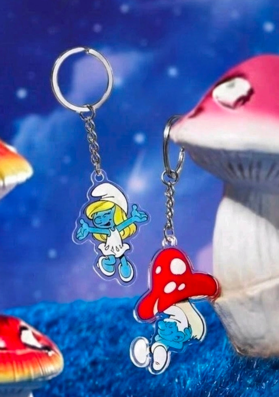 Smurfs acrylic keychain set of 2: Smurfette charm and red mushroom Smurf charm