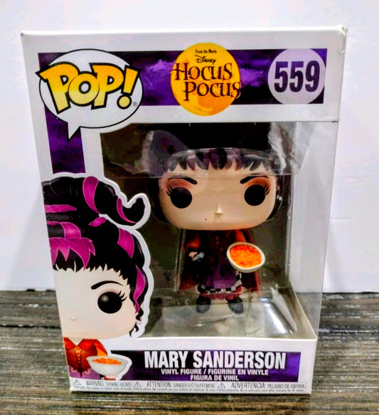 Funko Pop Mary Sanderson #559 in box with figure holding orange snack accessory.