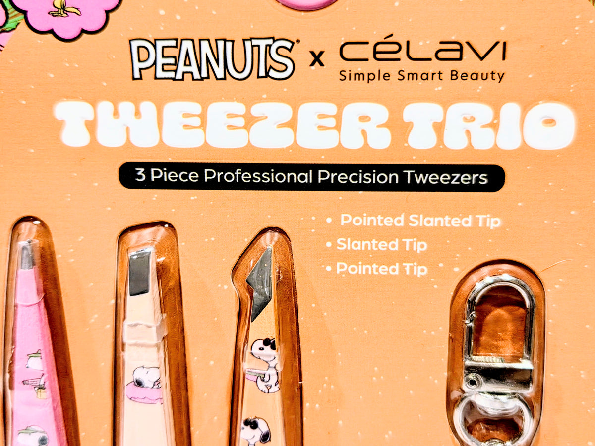3-piece precision tweezer set with pointed slanted and slanted tips in blister pack.