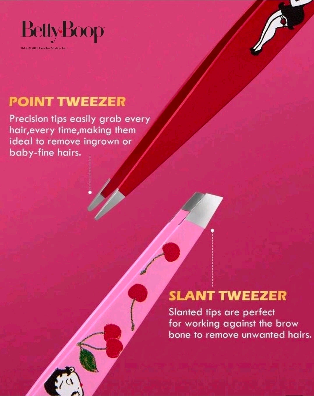 Betty Boop tweezers with pointed and slanted tips, red handles with cartoon graphics