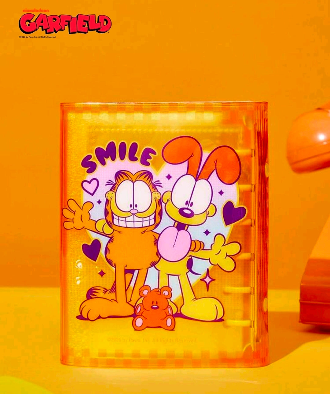 A7 sticker photo album planner with clear orange cover and cartoon bunny and cat artwork