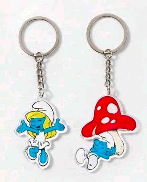 Smurfs acrylic keychain set: Smurfette and red mushroom Smurf charms, silver rings