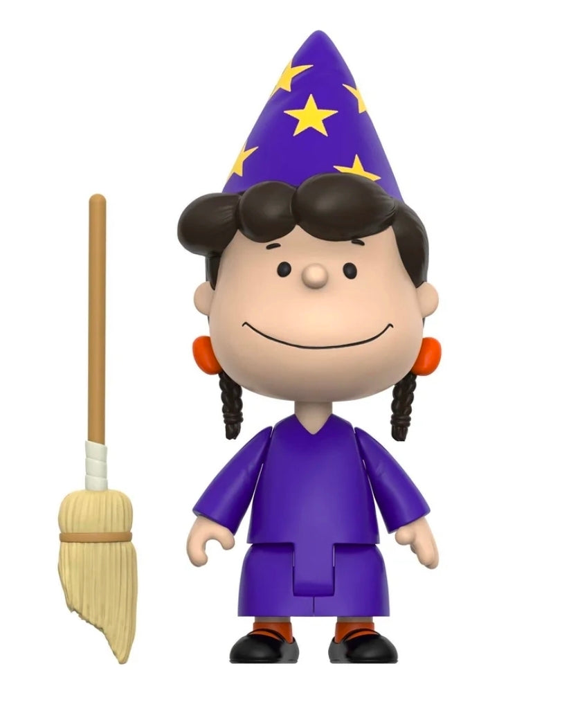 Halloween vinyl figure in purple robe with star wizard hat holding a broom accessory