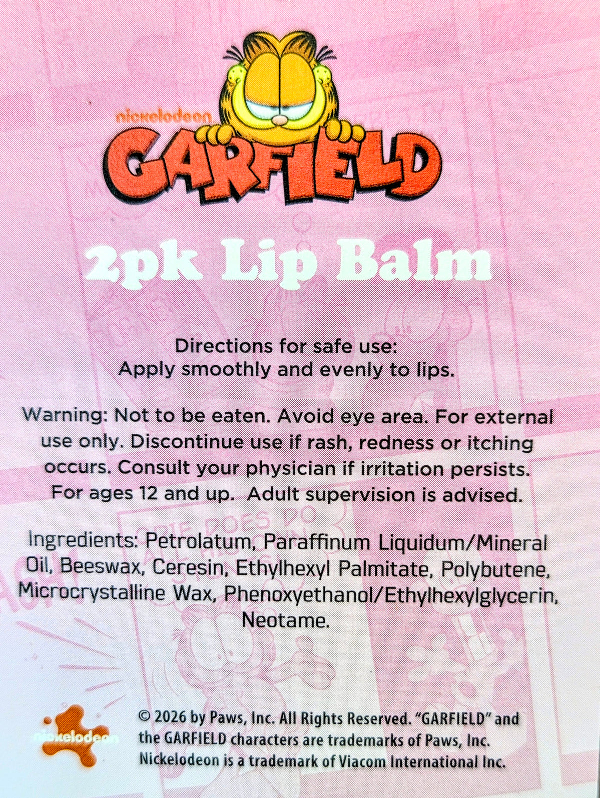 Garfield 2-pack lip balm packaging with directions, warnings, and ingredient list