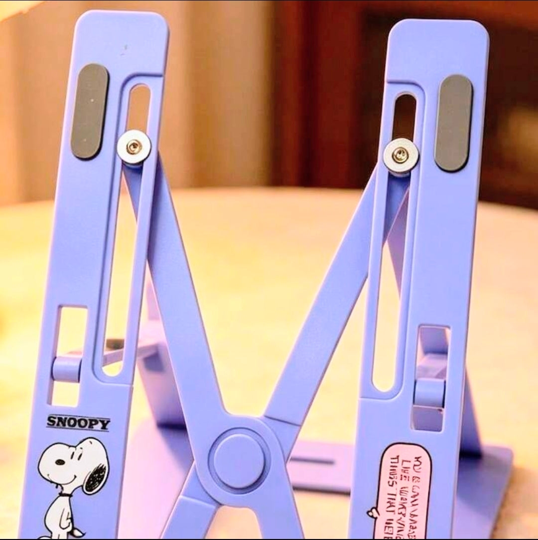 Purple foldable laptop stand frame with central knob and Snoopy decals