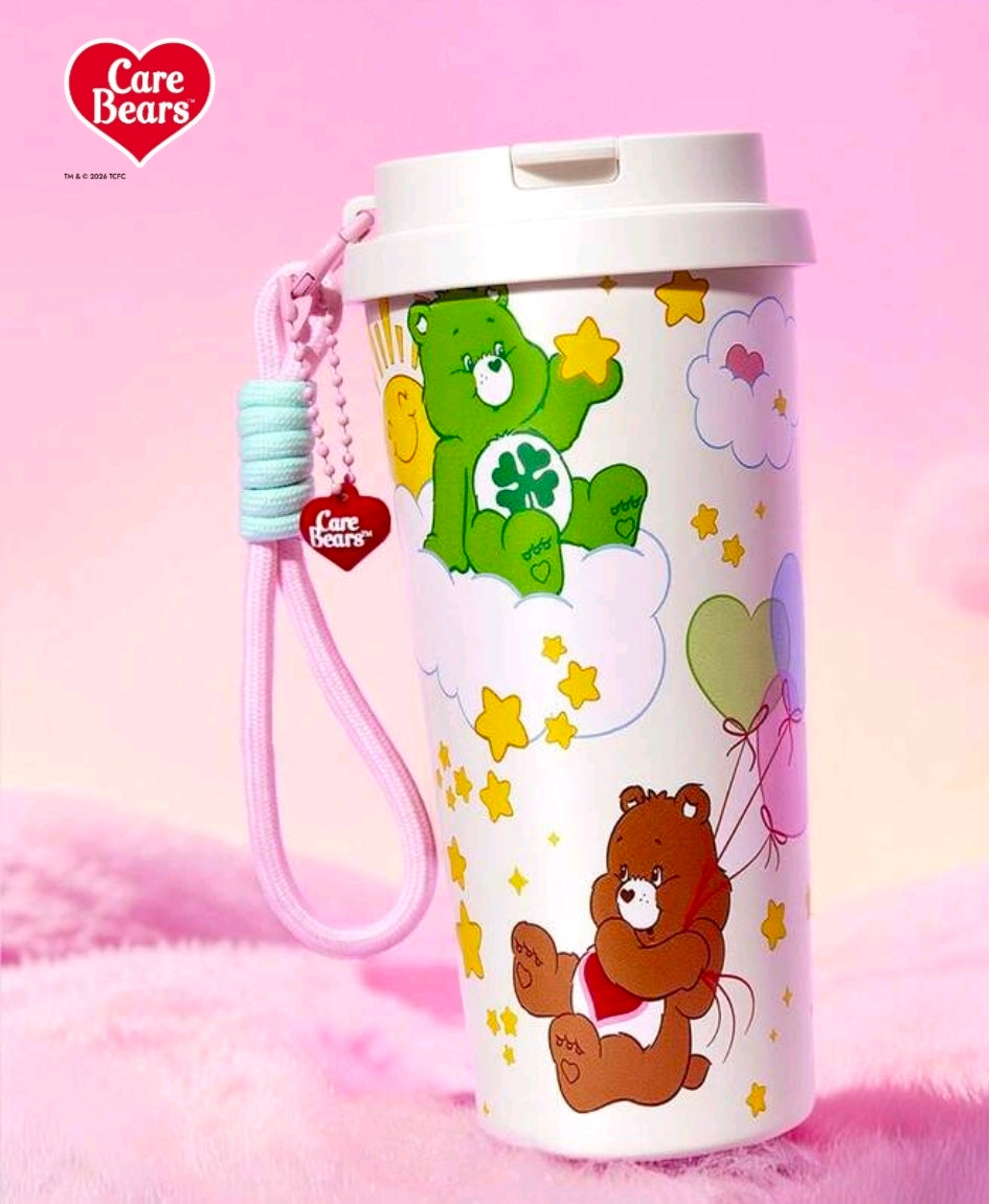Care Bears insulated stainless tumbler with colorful bear print and pink wrist strap