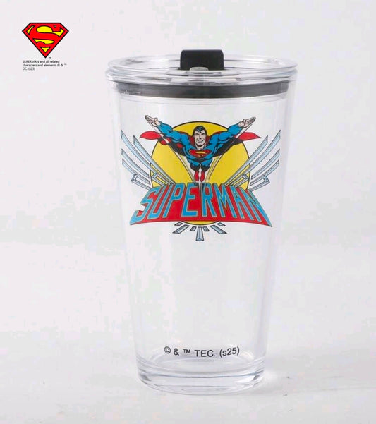Clear Superman tumbler with black lid and Superman logo artwork.