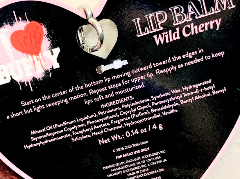 Wild Cherry lip balm heart keychain in pink with ingredient info on card
