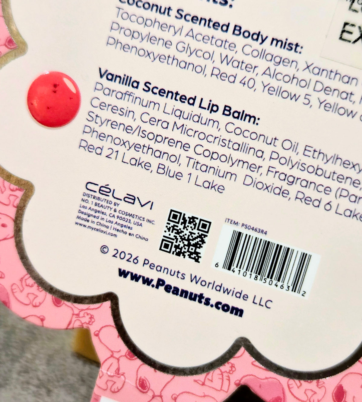 Lip balm and body mist ingredient label card with barcode and expiration date