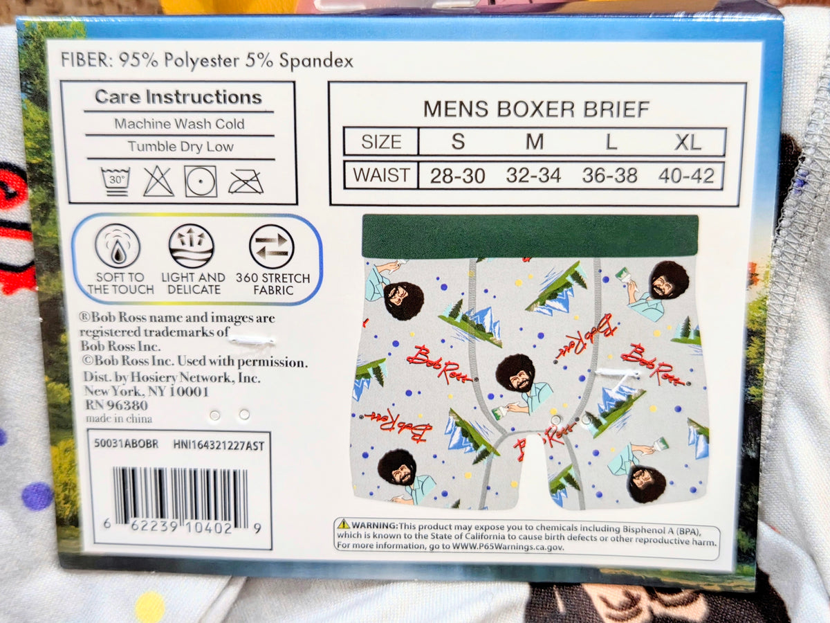 Mens boxer brief packaging back panel with size chart and care instructions