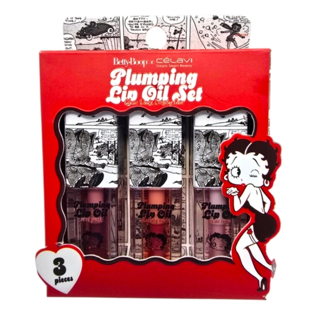 Betty Boop x Celavi Plumping Lip Oil Trio Classic Cocoa Blushing Nude Peony