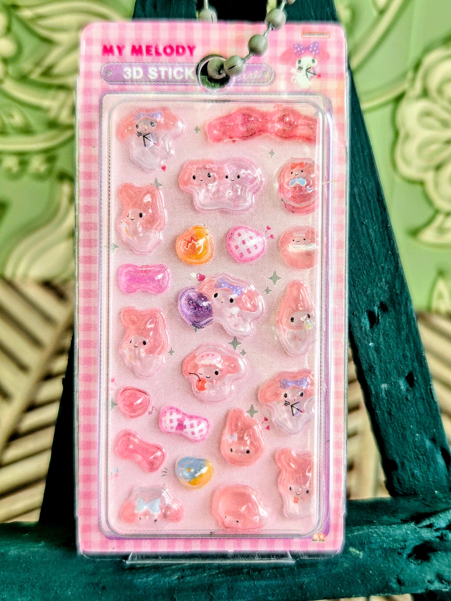 My Melody 3D sticker blister pack with pink, heart, and character shapes and keychain tag