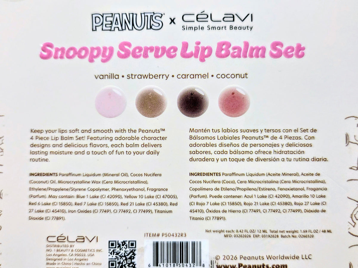 Snoopy Serve lip balm set carton with vanilla, strawberry, caramel, and coconut flavors