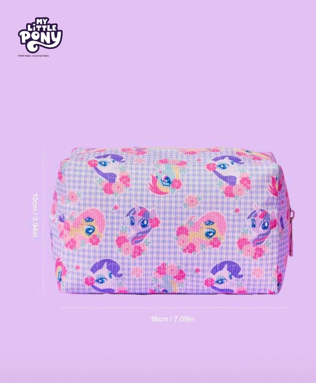 Boxy zip makeup and pencil pouch in light-blue gingham with pony face pattern