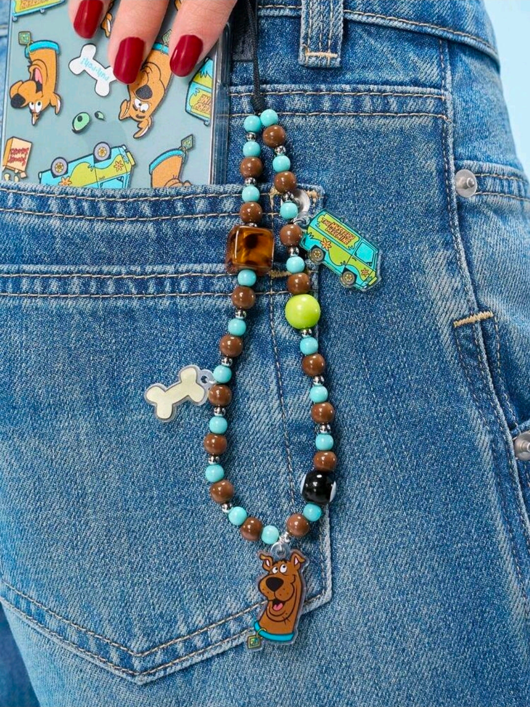 Scooby-Doo beaded wrist strap with turquoise and brown beads, Scooby and bone acrylic charms