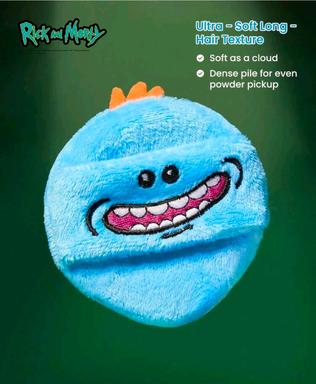 Round plush blue character powder puff with stitched smile and eyes, ultra-soft long hair texture.