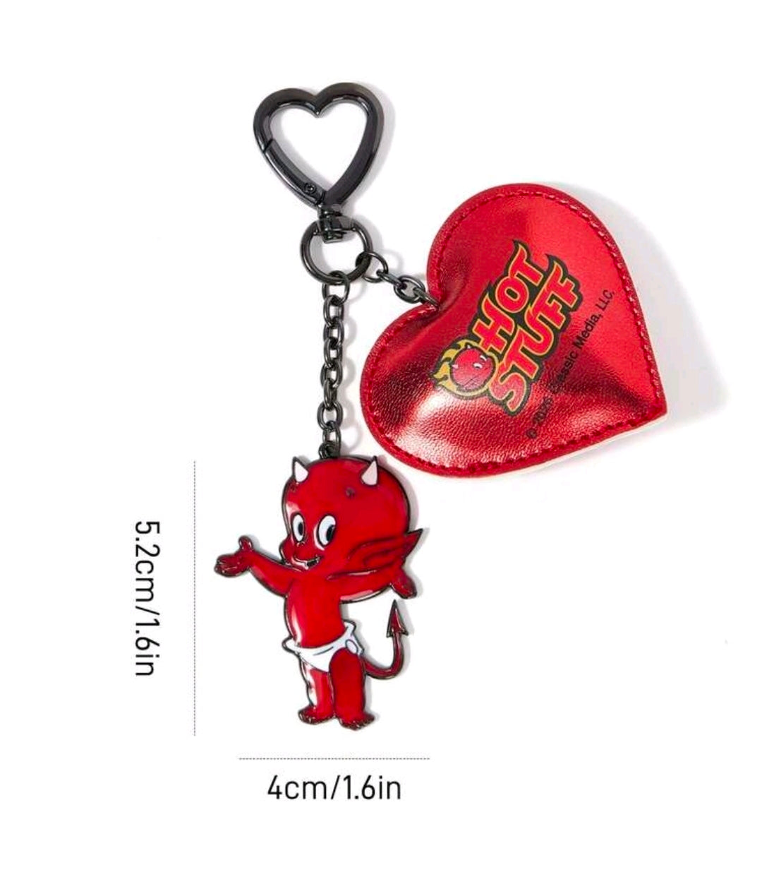 Red puffy heart keychain with 'Hot Stuff' logo, metal chain and red devil figure