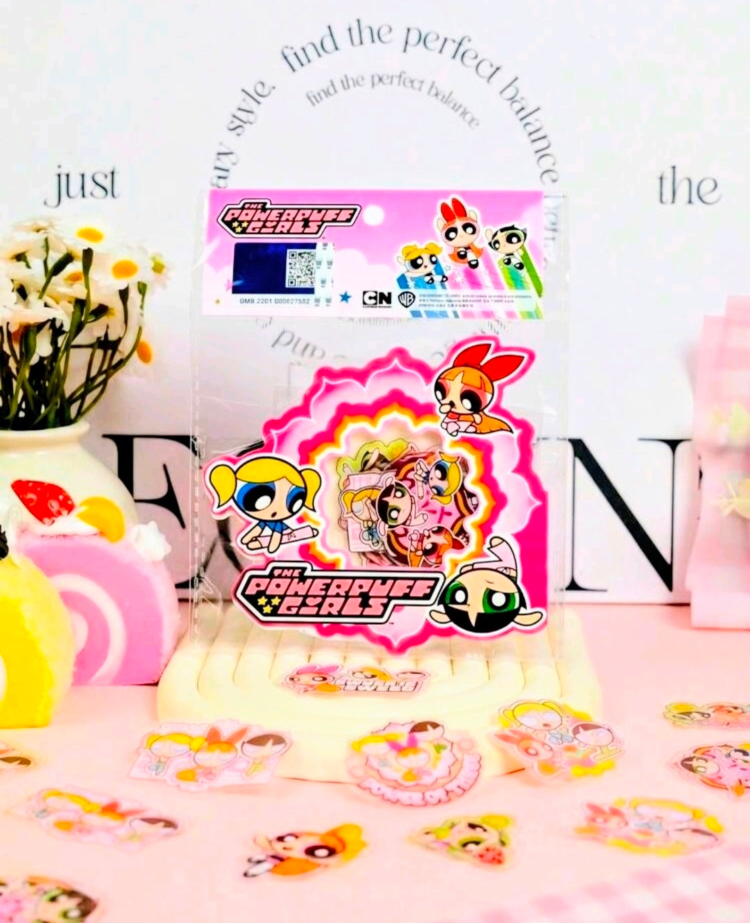Powerpuff Girls Holographic Metallic Foil Flake Sticker Set 20pc Pink Licensed CN Cartoon Network Blossom Bubbles Buttercup