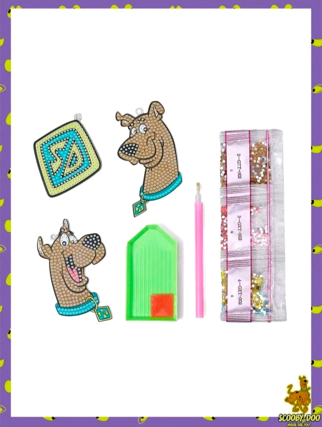 Diamond painting ornament kit: two dog charms, SD logo square, green base, pink stylus, beads
