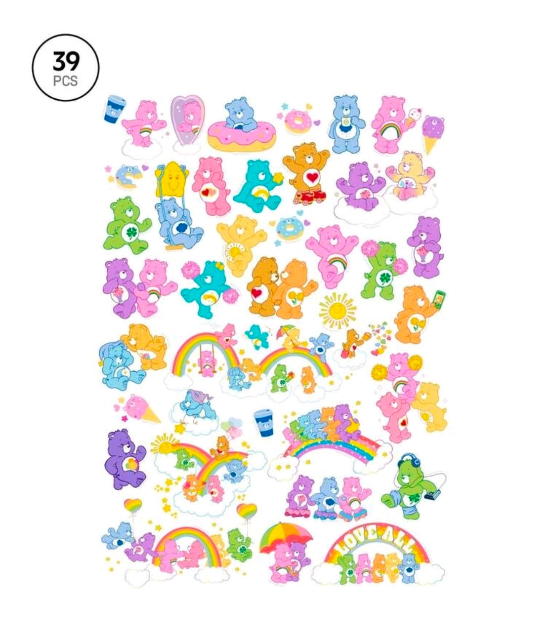 39-piece vinyl decal sticker set featuring cute bear characters, hearts, and rainbows