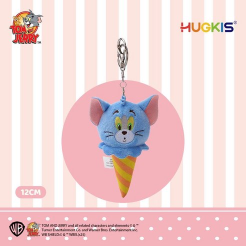 Tom cat plush keychain on pink card, blue face with yellow striped ice cream cone